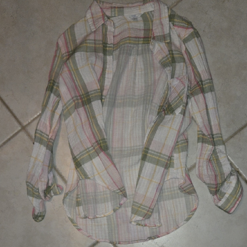 Yellow, Green, & Pink Plaid Button-Up Shirt